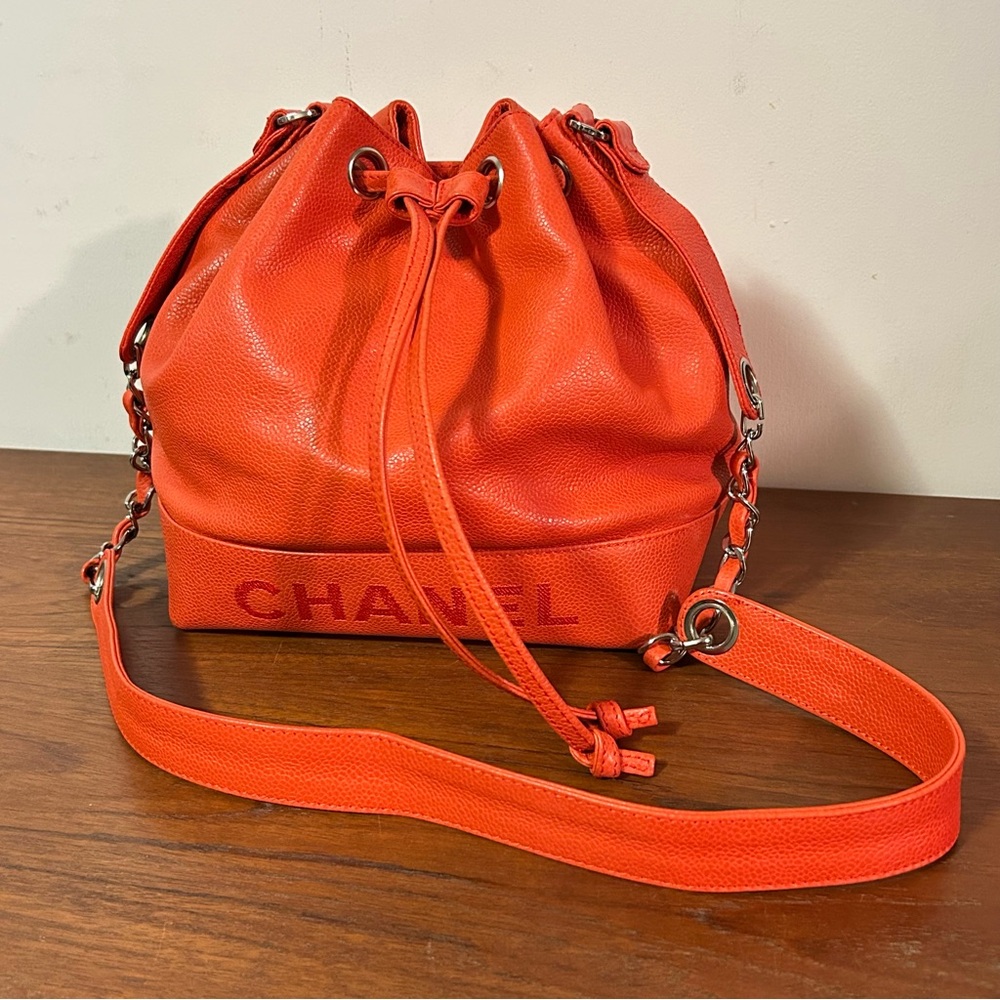 Vintage Chanel Logo Caviar Drawstring Bucket Bag